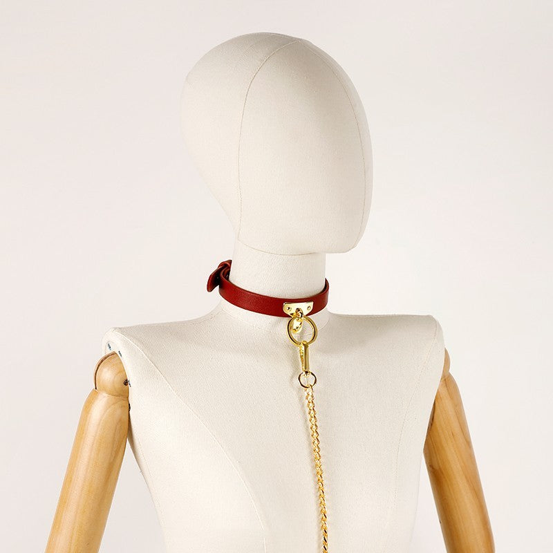 Brown Bondage Leather Collar with Chain Leash – BDSM Fetish Gear with Alloy Detailing