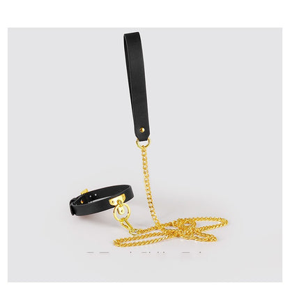 Brown Bondage Leather Collar with Chain Leash – BDSM Fetish Gear with Alloy Detailing