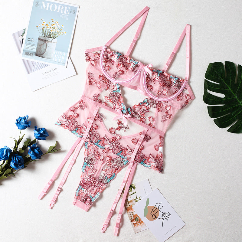 Embroidered Leopard Halter One-Piece Bodysuit – Sexy Sleeveless Lingerie for Women
