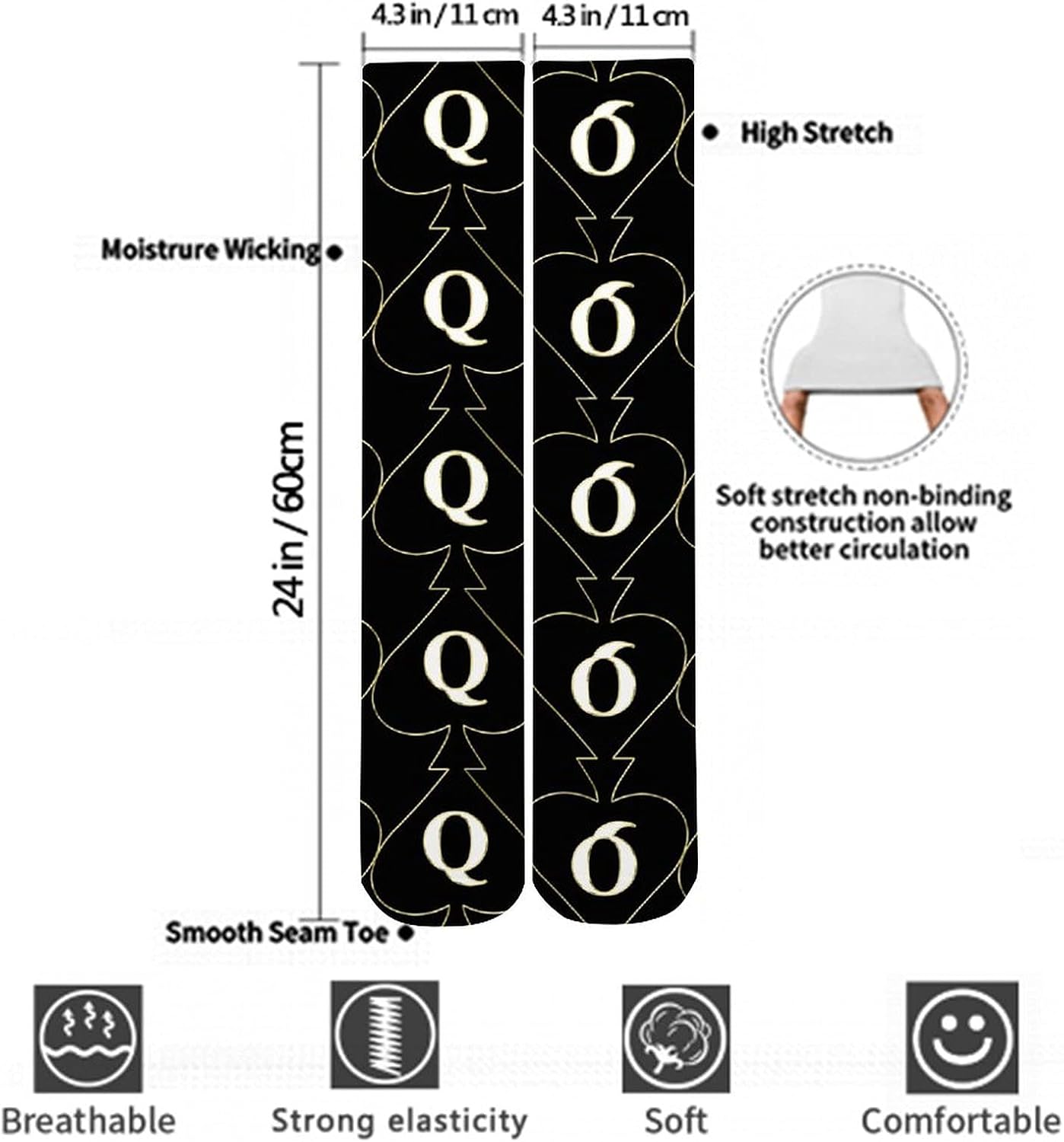 RIMENCH Cushioned Crew Socks for Teens Girls Ladies Womens - Golden Queen Of Spades Black Art Compression Sock Novelty Socks for Gym, Football, Trekking, Fashion Athletic Hiking Socks