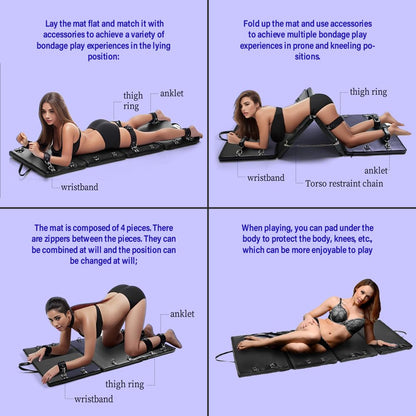 Sex Bondage Restraint BDSM Sex Furniture PU Leather Fetish Restraints System Portable Collapsible Sex Bed Sex Toys for Men Couples Adult Bondage Gear with Handcuffs Ankle Cuffs
