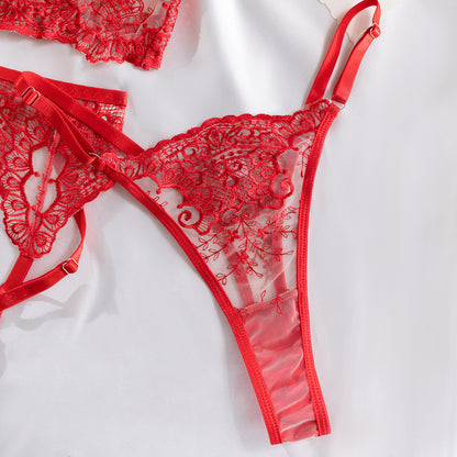 Christmas Red Machine Embroidery Three-Piece Underwear Set for Women