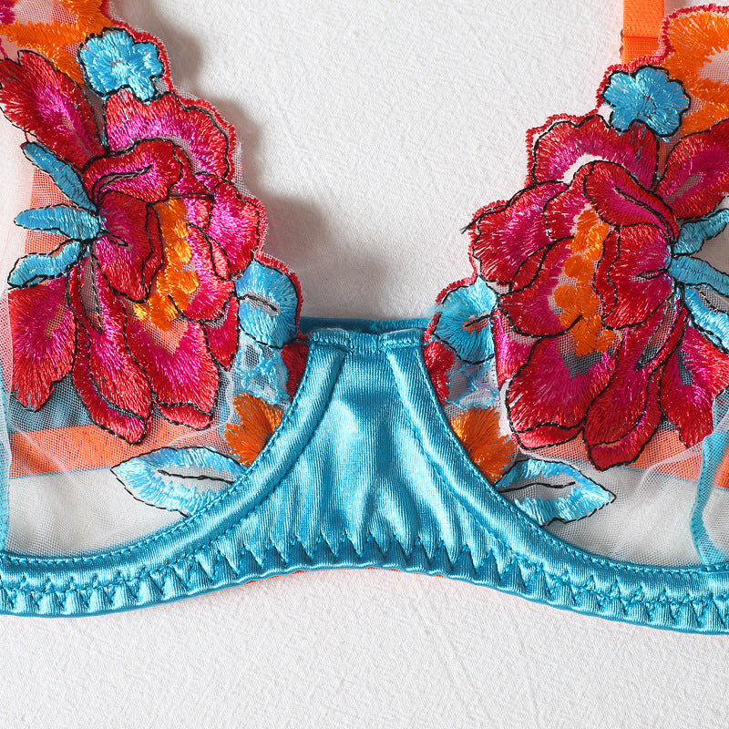 Sexy Four-piece Color Matching Embroidery Big Flower Underwear With Steel Ring