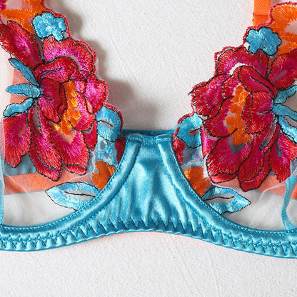 Sexy Four-piece Color Matching Embroidery Big Flower Underwear With Steel Ring