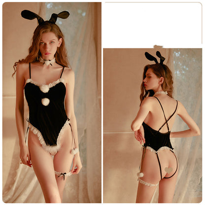 Velvet Bunny Cosplay Lingerie Set – Hollow Out One-Piece Costume (Black, Light Pink)