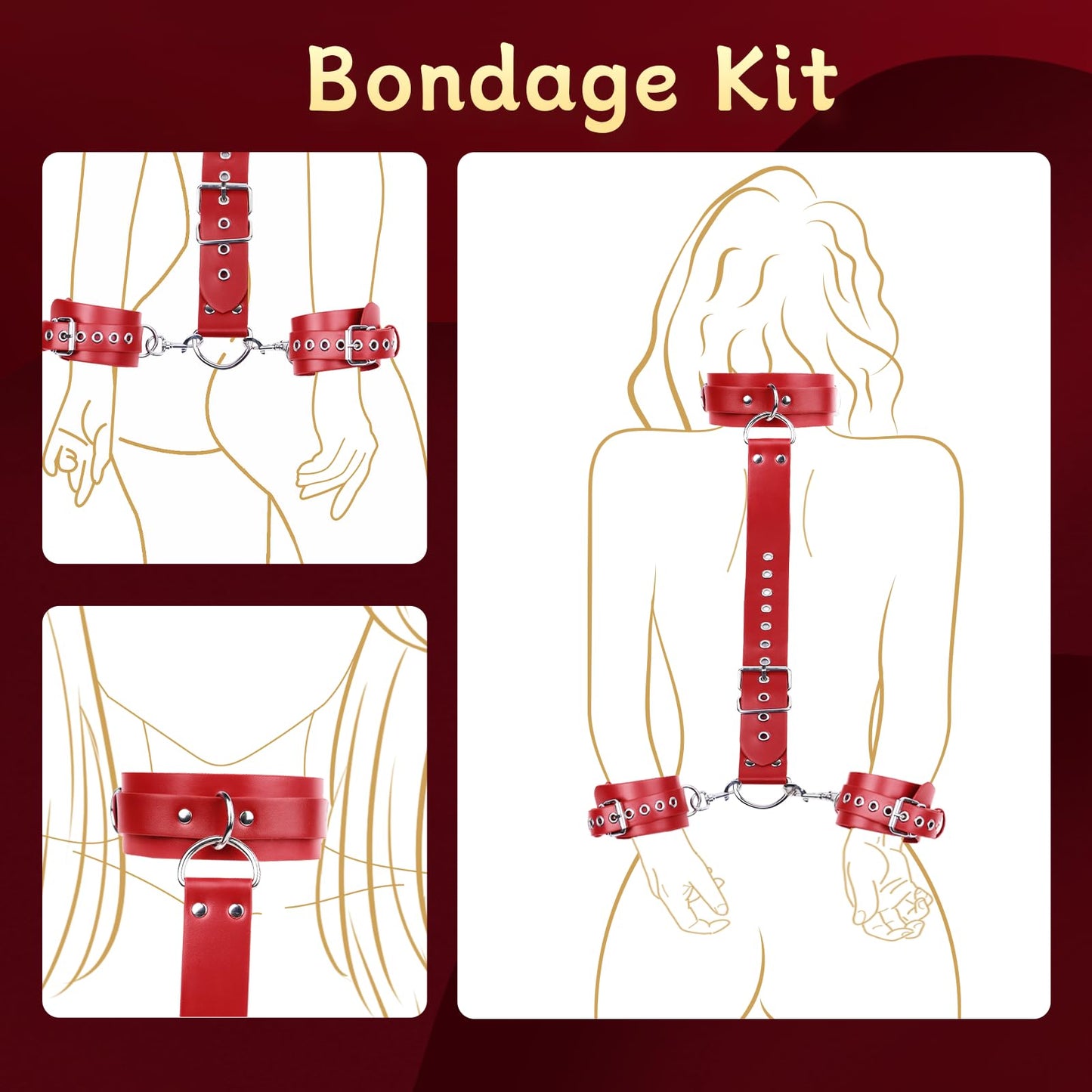 BDSM Bondage Sex Restraints Set Couples Sex Toys, Neck to Wrist Restraints Kit with Traction Chain Back Sex Handcuffs Collar Adjustable Bondage Gear Accessories SM Sexy Slave Beginner Role Play Toy
