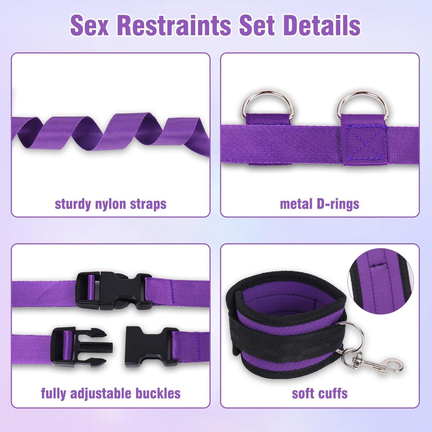 Sex Bondage BDSM Kit Bed Restraints Set, Super Easy Install Sex Rope Adjustable Straps, Sex Toys with Handcuffs Ankle Cuff for Adults Women Couples Game Pleasure (Black)