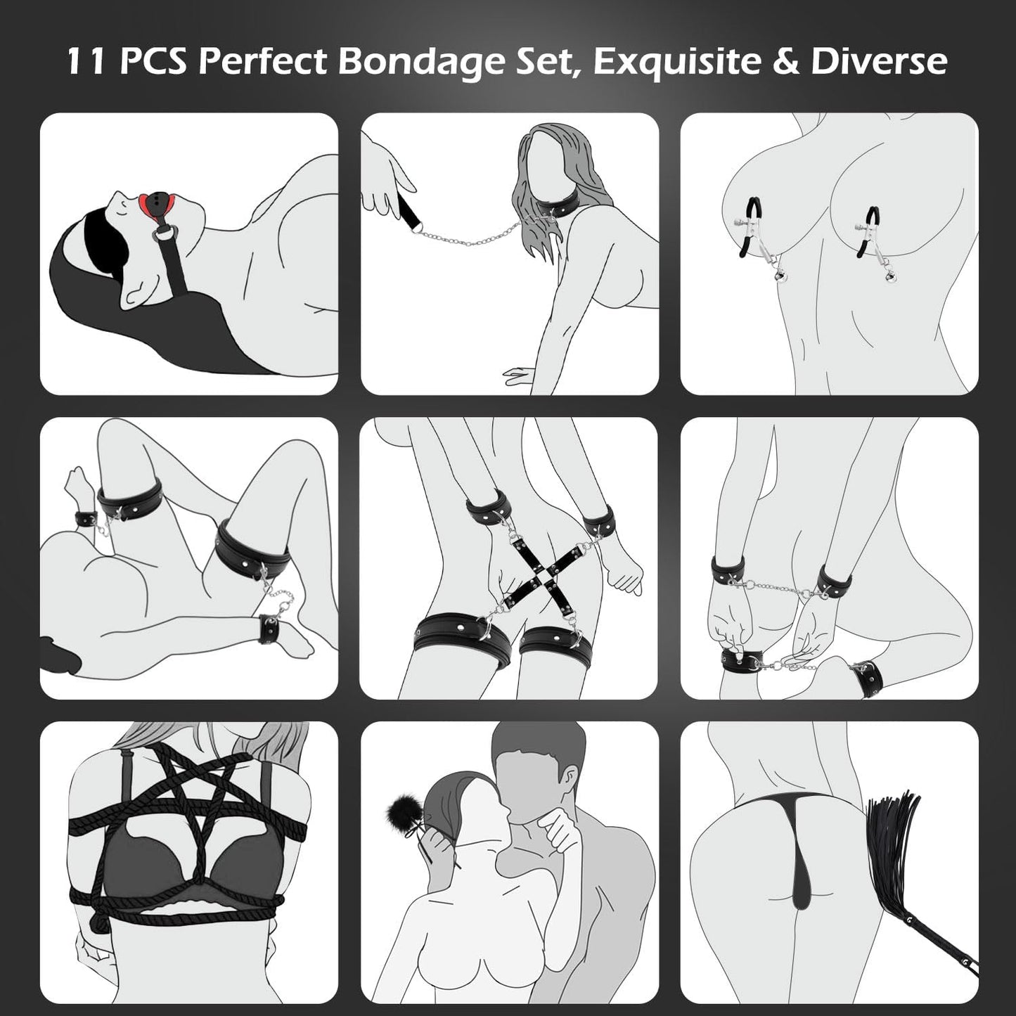 BDSM Kit Sex Bondage Restraints Toys, 11 PCS Bondage Set Couples Sex Toys with Adjustable Ankle, Thigh Sex Cuffs & Handcuffs, Thick Leather Material BDSM Toys Restraints Sex Things for Couples Kinky