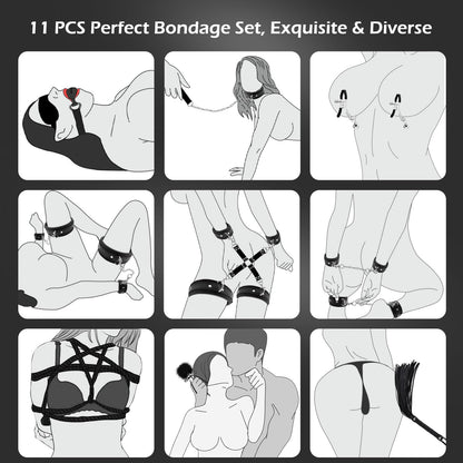 BDSM Kit Sex Bondage Restraints Toys, 11 PCS Bondage Set Couples Sex Toys with Adjustable Ankle, Thigh Sex Cuffs & Handcuffs, Thick Leather Material BDSM Toys Restraints Sex Things for Couples Kinky