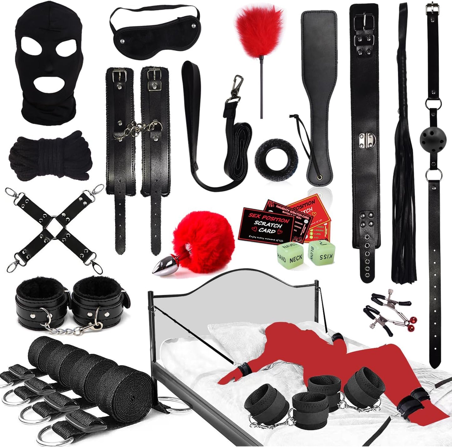 BDSM Toys for Sex Bondage,BDSM Kit Couple Sex Toys，Sex Bed Straps Restraints Set with Handcuffs Ankle Cuff,Sex Set Kit Sex Things for Kinky Couples,Sex Toy Kit Bondage Gear&Accessories for Women