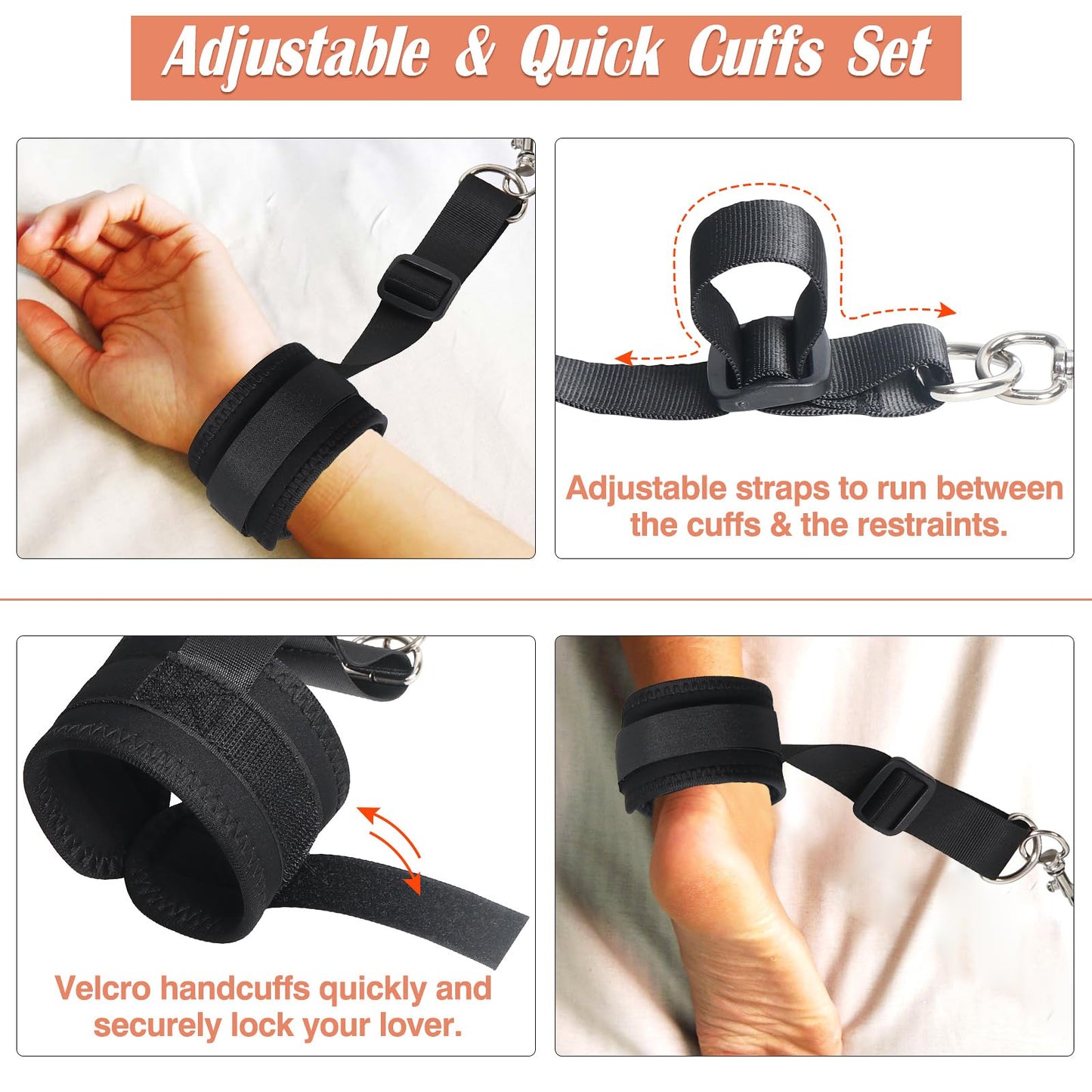 Sex Bondage BDSM Kit Bed Restraints Set, Super Easy Install Sex Rope Adjustable Straps, Sex Toys with Handcuffs Ankle Cuff for Adults Women Couples Game Pleasure (Black)