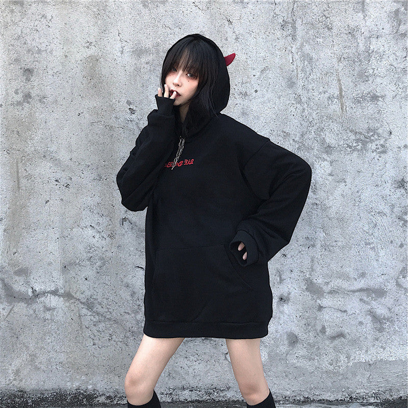 Dark Winged Letter Embroidered Blouse - Stylish Harajuku Loose-Fit Top