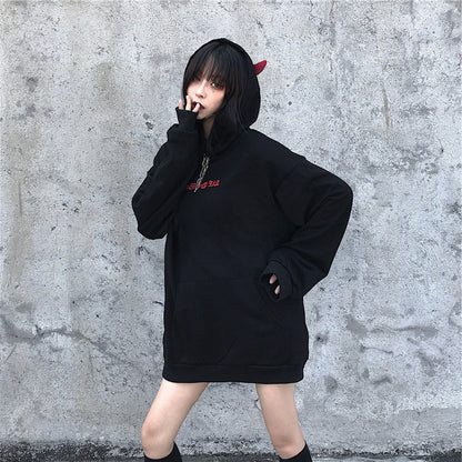 Dark Winged Letter Embroidered Blouse - Stylish Harajuku Loose-Fit Top