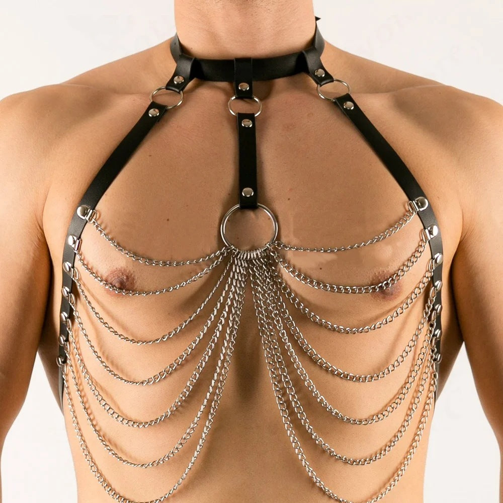 Men's Black Leather Body Chain - Fashionable Metal Chain for Casual Wear