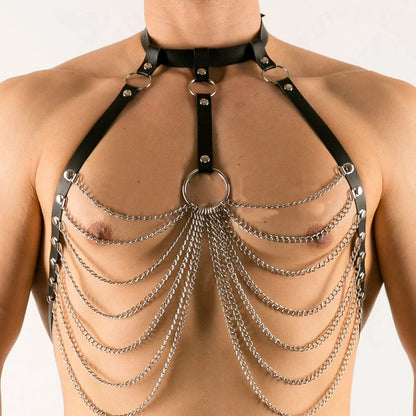Men's Black Leather Body Chain - Fashionable Metal Chain for Casual Wear
