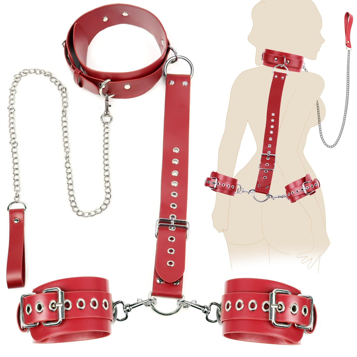 BDSM Bondage Sex Restraints Set Couples Sex Toys, Neck to Wrist Restraints Kit with Traction Chain Back Sex Handcuffs Collar Adjustable Bondage Gear Accessories SM Sexy Slave Beginner Role Play Toy
