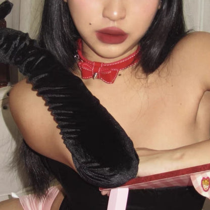 Adjustable Bow Choker Collar - Stylish Electroplated U-Shaped Necklace in Red, Black, and Pink