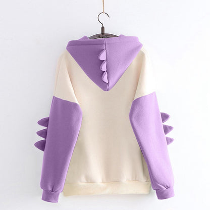 Cartoon Dinosaur Contrast Color Sweater - Korean University Style Pullover for Women