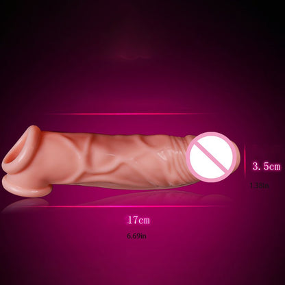 Stretchable Double Male Cock Extender - Soft Silicone Dildo Enhancer with Suction Cups, 17 cm