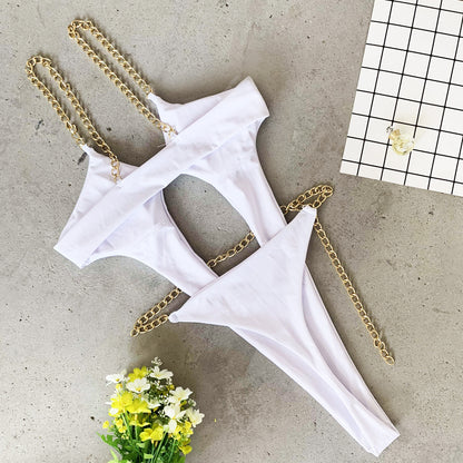Stylish Chain Swimsuit with Straps – Comfortable Polyester and Spandex Swimwear