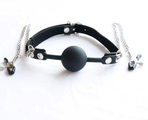 Bundle Forced Deep Throat Mouth Ball with Silicone Toys Set – Mouth Ball, Breast Clip, Eye Mask & Candle