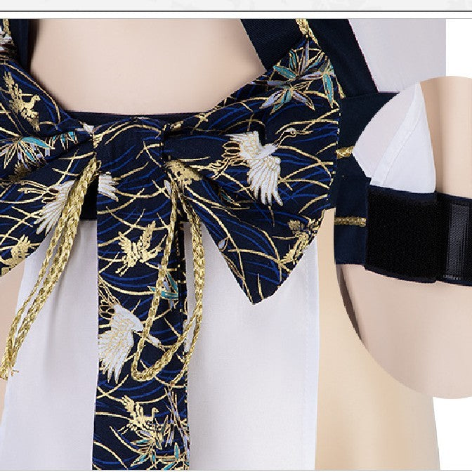 European & American Hanging Neck Kimono Uniform Set – White Polyester Dress with T-Pants & Flutter Sleeves