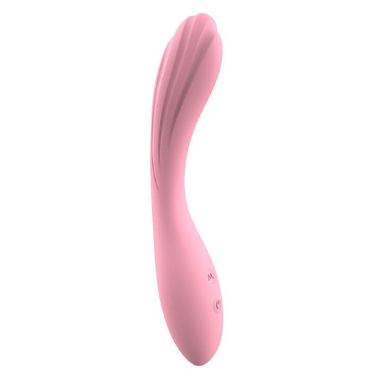 Soft pink, elegantly curved vibrator with smooth, flowing ridges along its length for enhanced stimulation. The sleek, ergonomic design provides both beauty and functionality, making it perfect for targeted G-spot or full-body pleasure. Crafted from body-safe silicone, this vibrator offers an alluring and pleasurable experience.