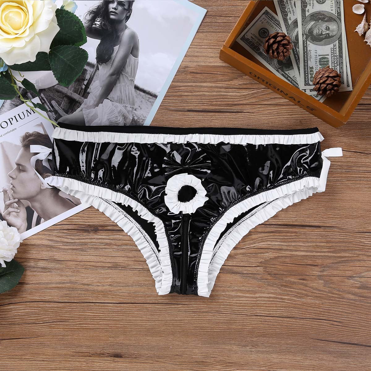Maid Costume Cosplay Sissy Latex Underwear for Men - Black & Gray