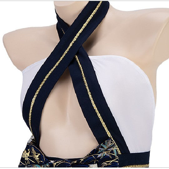 European & American Hanging Neck Kimono Uniform Set – White Polyester Dress with T-Pants & Flutter Sleeves