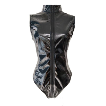 Black PVC Bright Leather Zipper Jumpsuit – Sexy Elastic Tight Motorcycle Outfit