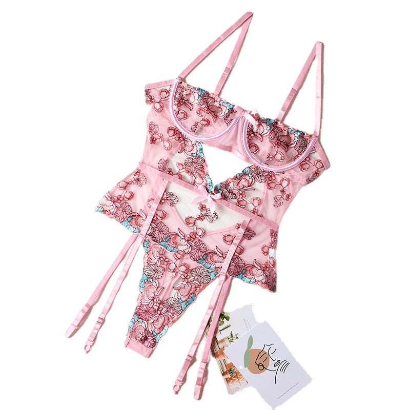Embroidered Leopard Halter One-Piece Bodysuit – Sexy Sleeveless Lingerie for Women