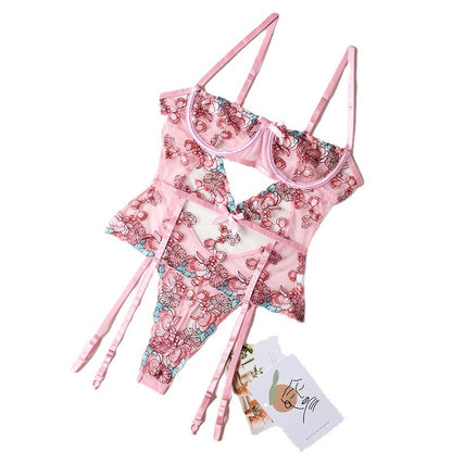 Embroidered Leopard Halter One-Piece Bodysuit – Sexy Sleeveless Lingerie for Women