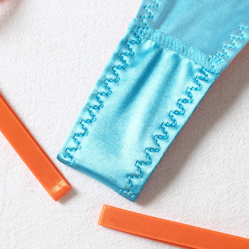 Sexy Four-piece Color Matching Embroidery Big Flower Underwear With Steel Ring