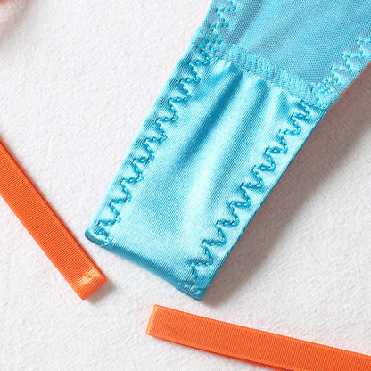 Sexy Four-piece Color Matching Embroidery Big Flower Underwear With Steel Ring