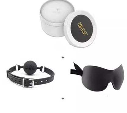 Bundle Forced Deep Throat Mouth Ball with Silicone Toys Set – Mouth Ball, Breast Clip, Eye Mask & Candle