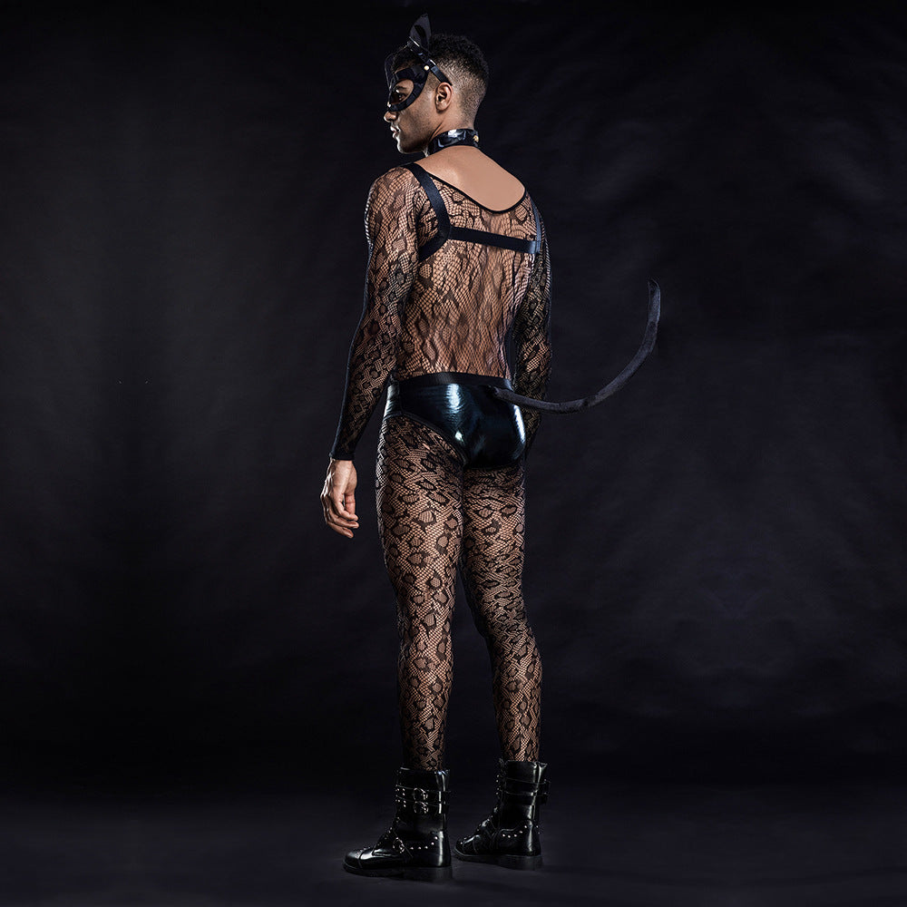 Cat Man Sexy Uniform - One-Piece Siamese Outfit with Mask & Tail | Men's Erotic Costume