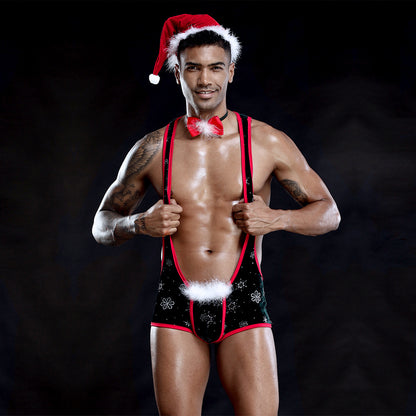 Men's Festive One-Piece Christmas Lingerie Outfit - Sexy Santa Costume with Hat and Bow Tie