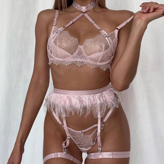 Elegant Feathered Lace Lingerie Set – 5-Piece Romantic Ensemble (S, M, L)