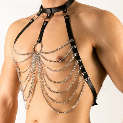 Men's Black Leather Body Chain - Fashionable Metal Chain for Casual Wear
