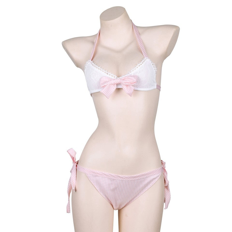 Lingerie Halter Strap Plaid Lace Bikini – White Sheer Perspective Set