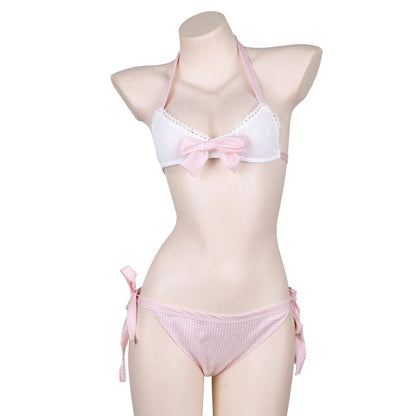 Lingerie Halter Strap Plaid Lace Bikini – White Sheer Perspective Set
