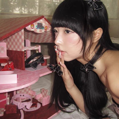 Adjustable Bow Choker Collar - Stylish Electroplated U-Shaped Necklace in Red, Black, and Pink