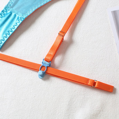 Sexy Four-piece Color Matching Embroidery Big Flower Underwear With Steel Ring