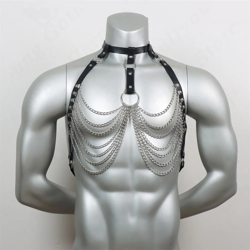 Men's Black Leather Body Chain - Fashionable Metal Chain for Casual Wear