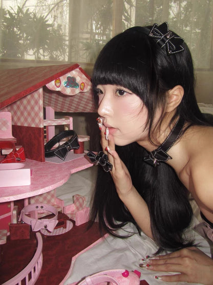 Adjustable Bow Choker Collar - Stylish Electroplated U-Shaped Necklace in Red, Black, and Pink