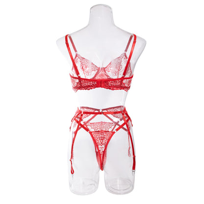 Christmas Red Machine Embroidery Three-Piece Underwear Set for Women