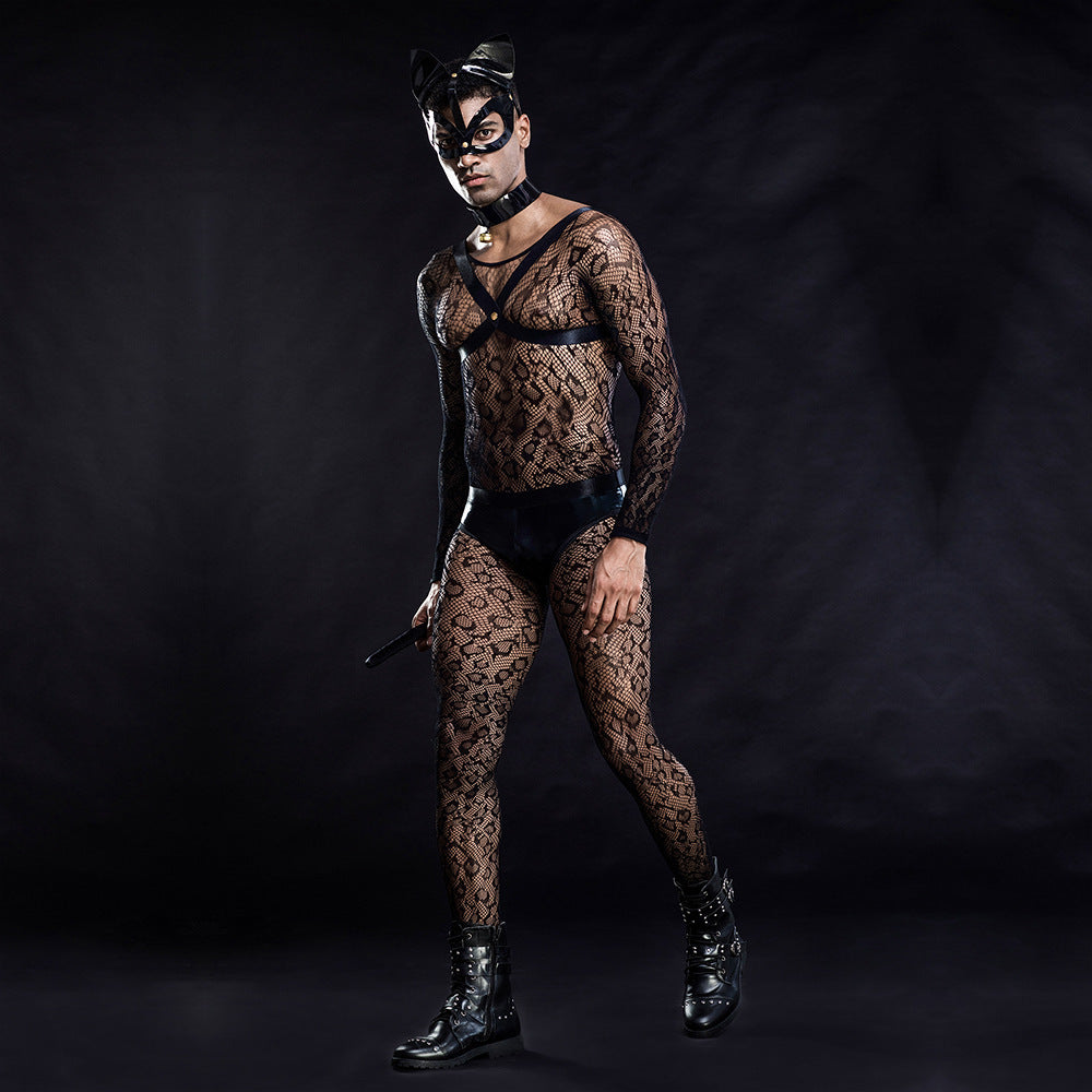 Cat Man Sexy Uniform - One-Piece Siamese Outfit with Mask & Tail | Men's Erotic Costume