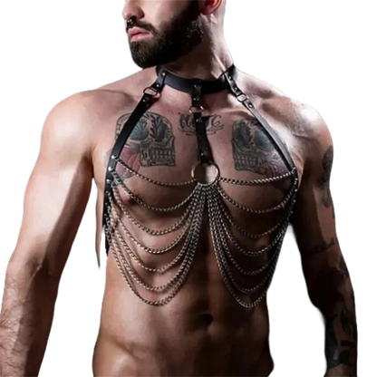 Men's Black Leather Body Chain - Fashionable Metal Chain for Casual Wear