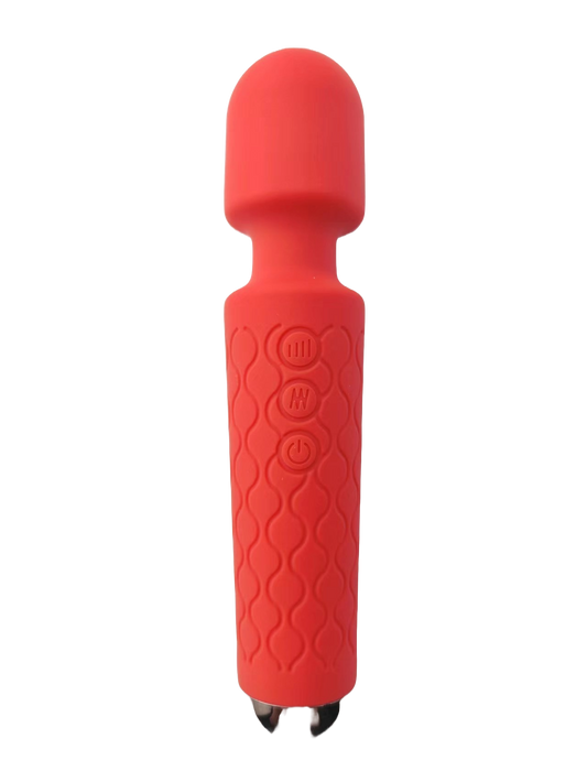 Red personal massager sex toy with a soft silicone head and textured grip handle, featuring multiple control buttons for varied intensity settings. The sleek design provides comfort and ease of use, suitable for targeted muscle relief or personal pleasure.